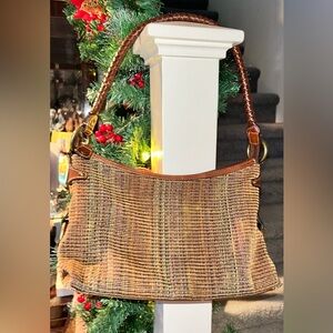 Fossil Brown Multi Color Woven Leather Braided Handle Purse